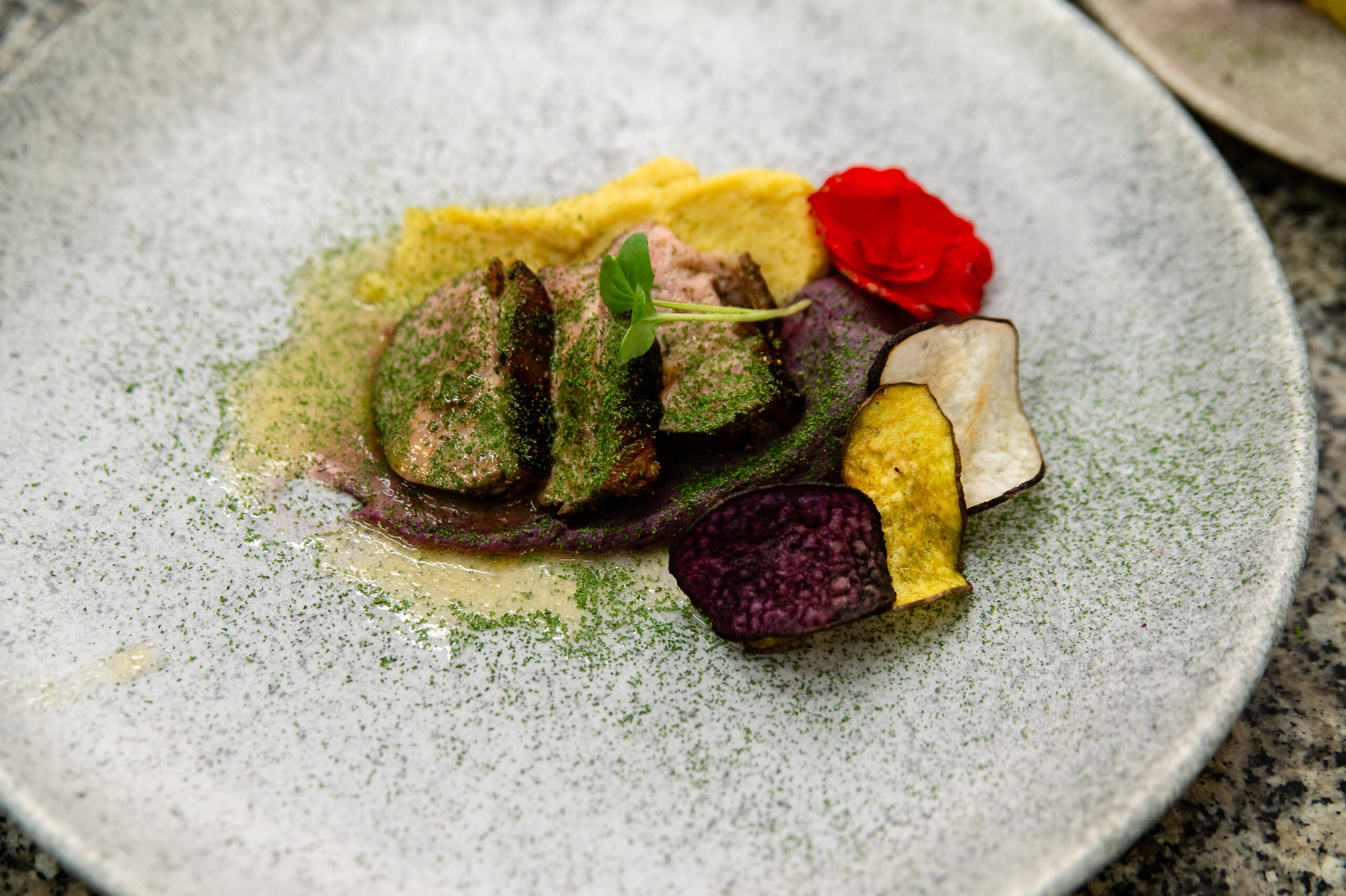 Magret de pato amazônico com purês de cará e chips crocantes